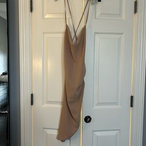 Amanda Uprichard nude asymmetrical mini dress.